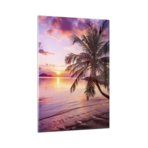 Cuadro sobre vidrio - Impresiones sobre Vidrio - Playa tropical con palmeras al atardecer - 80x120cm - Hermosura hasta el horizonte - Decoración de pared moderna para salón y dormitorio ARTTOR