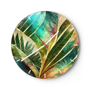 Reloj de pared - Reloj de vidrio - Hojas tropicales coloridas en intensos tonos de verde. - 30x30cm - Los colores del trópico - Decoración de pared moderna para salón, cocina y dormitorio ARTTOR