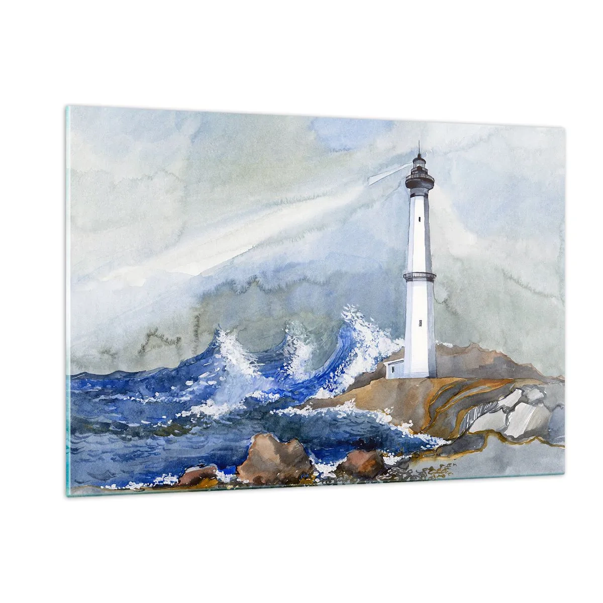 Cuadro sobre vidrio - Impresiones sobre Vidrio - Un faro junto a un mar tempestuoso en estilo acuarela. - 120x80cm - Contra la oscuridad y la tormenta - Decoración de pared moderna para salón y dormitorio ARTTOR