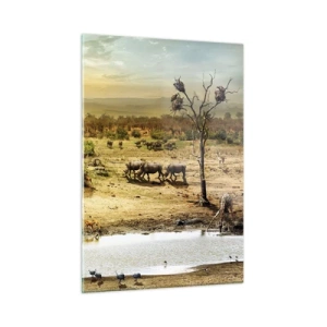 Cuadro sobre vidrio - Impresiones sobre Vidrio - Elefantes y animales en un abrevadero con un paisaje africano como telón de fondo. - 50x70cm - Y del Edén fluyó un río... - Decoración de pared moderna para salón y dormitorio ARTTOR