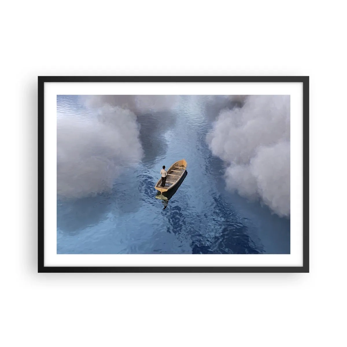 Póster en marco negro - Un hombre en un barco en un mar tranquilo rodeado de nubes. - 70x50cm - La vida - el viaje - lo desconocido - Decoración de pared moderna para salón y dormitorio ARTTOR