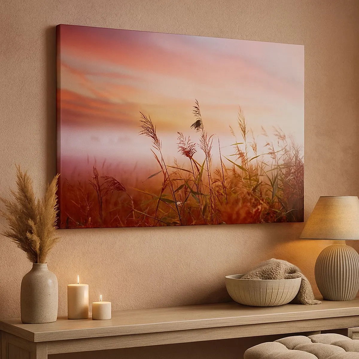 Cuadro sobre lienzo - Impresión de Imagen - Un campo de hierba con el telón de fondo de una pintoresca puesta de sol. - 70x50cm - El arte del viento - Decoración de pared moderna para salón y dormitorio ARTTOR