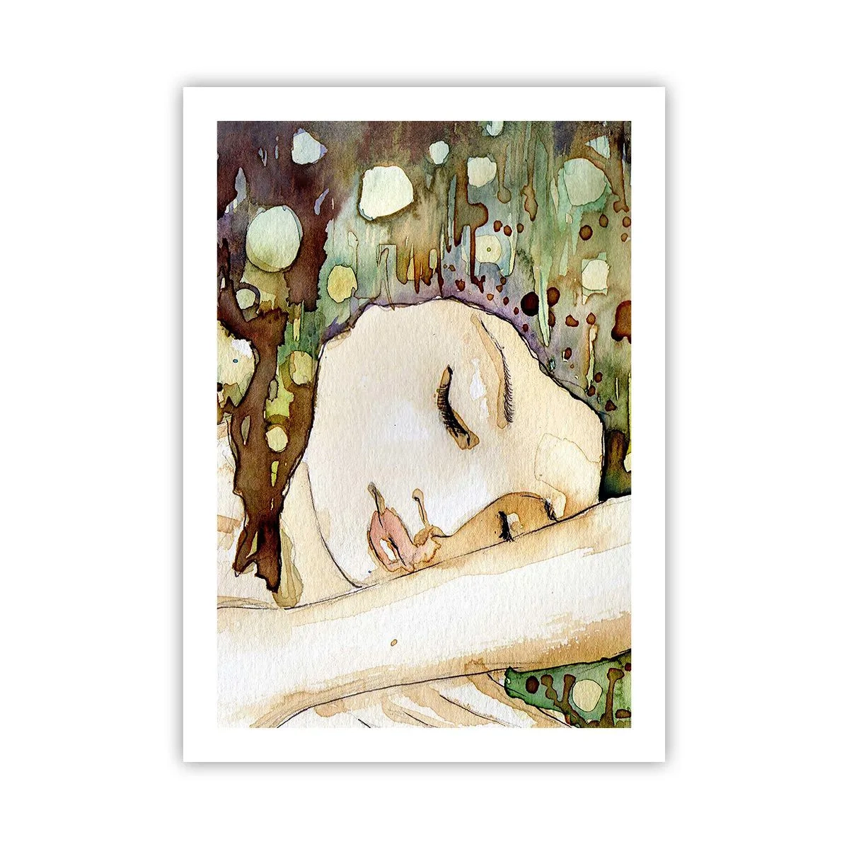 Póster - Retrato artístico en acuarela de una mujer dormida - 50x70cm - Sueño esmeralda y violeta - Decoración de pared moderna para salón y dormitorio ARTTOR