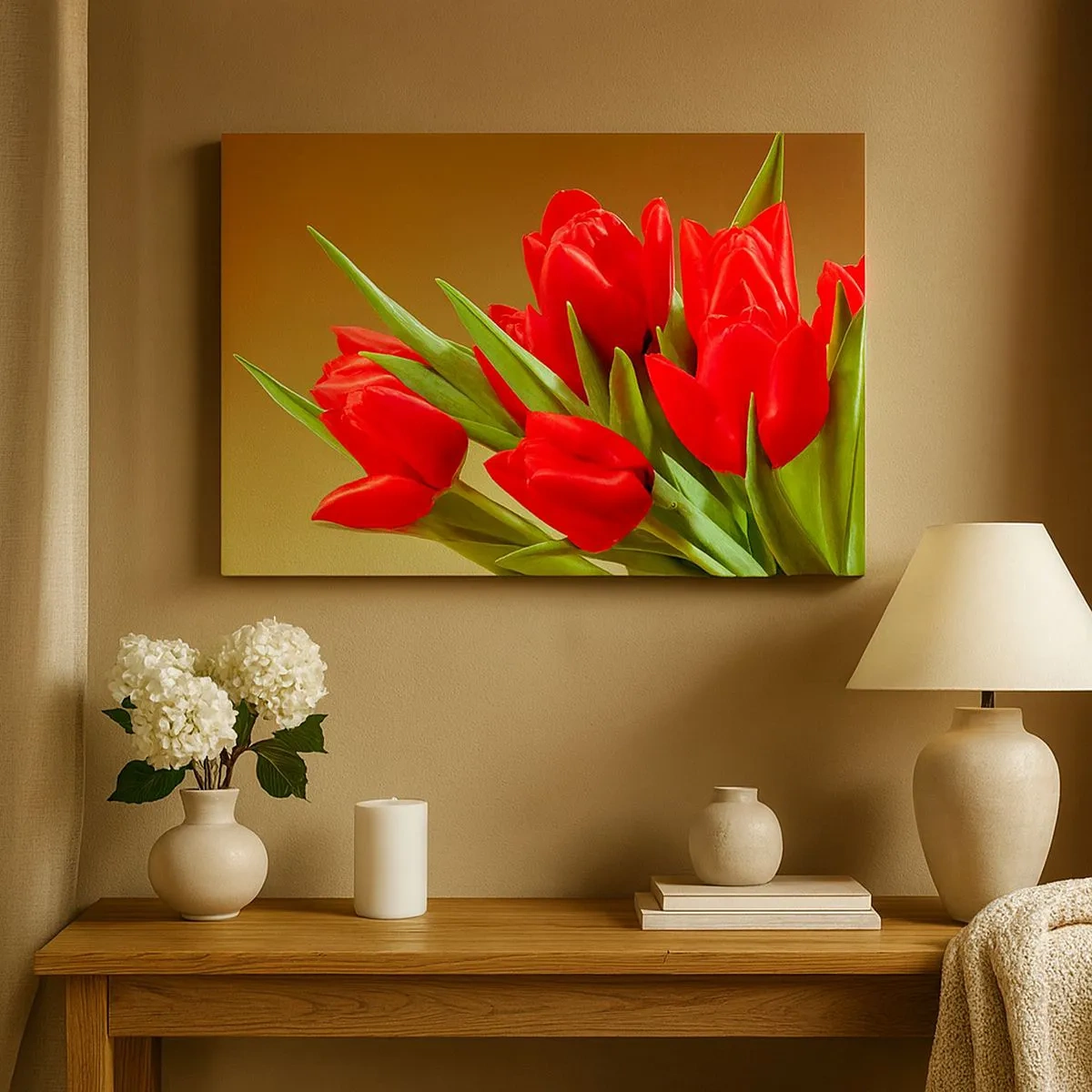 Cuadro sobre lienzo - Impresión de Imagen - Un ramo de tulipanes rojos sobre un fondo dorado con hojas verdes. - 70x50cm - Estallido de alegría primaveral - Decoración de pared moderna para salón y dormitorio ARTTOR