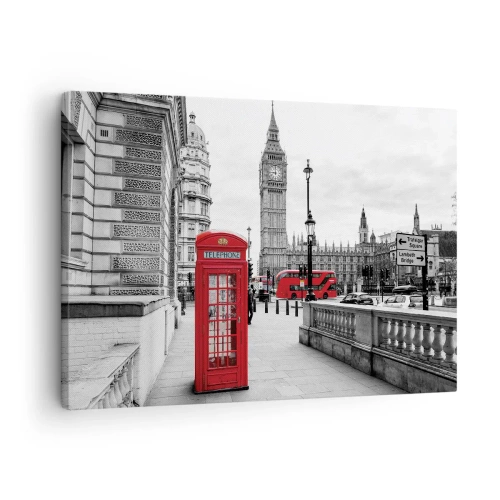 Cuadro sobre lienzo - Impresión de Imagen - Una cabina telefónica roja con el Big Ben al fondo en Londres - 70x50cm - Sin duda, Londres - Decoración de pared moderna para salón y dormitorio ARTTOR