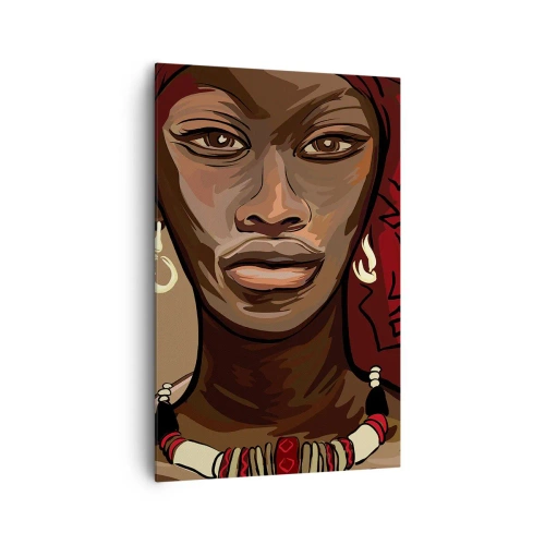 Cuadro sobre lienzo - Impresión de Imagen - Retrato de una mujer con un turbante rojo sobre un fondo beige - 80x120cm - Venus de ébano - Decoración de pared moderna para salón y dormitorio ARTTOR