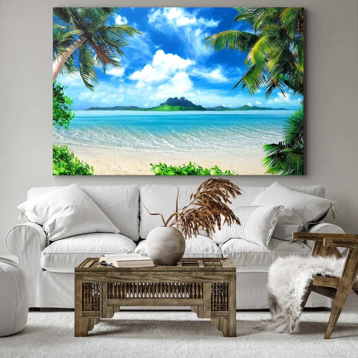 Cuadro sobre lienzo - Impresión de Imagen - Playa tropical con palmeras y vista a la isla. - 70x50cm - El azul de los trópicos - Decoración de pared moderna para salón y dormitorio ARTTOR