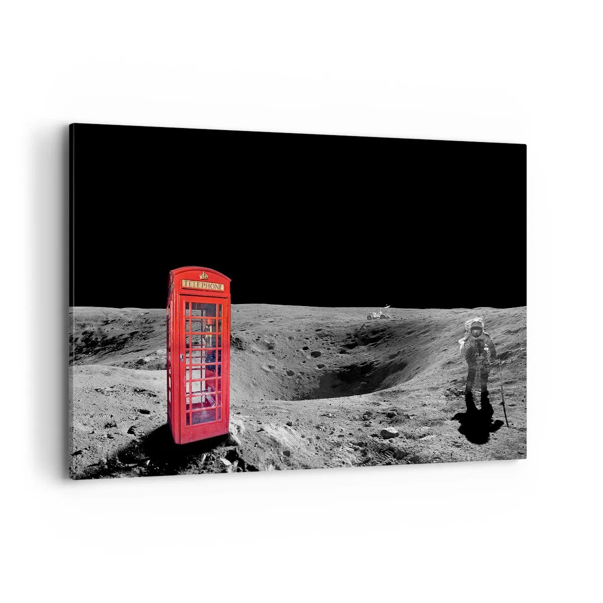 Cuadro sobre lienzo - Impresión de Imagen - Cabina telefónica roja en la luna - 120x80cm - Una broma cósmica - Decoración de pared moderna para salón y dormitorio ARTTOR