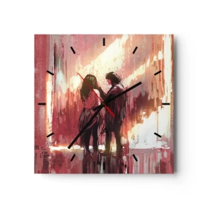 Reloj de pared - Reloj de vidrio - Una pareja de pie bajo una luz cálida contra un fondo de patrones abstractos. - 30x30cm - El eterno espectáculo del amor - Decoración de pared moderna para salón y dormitorio ARTTOR