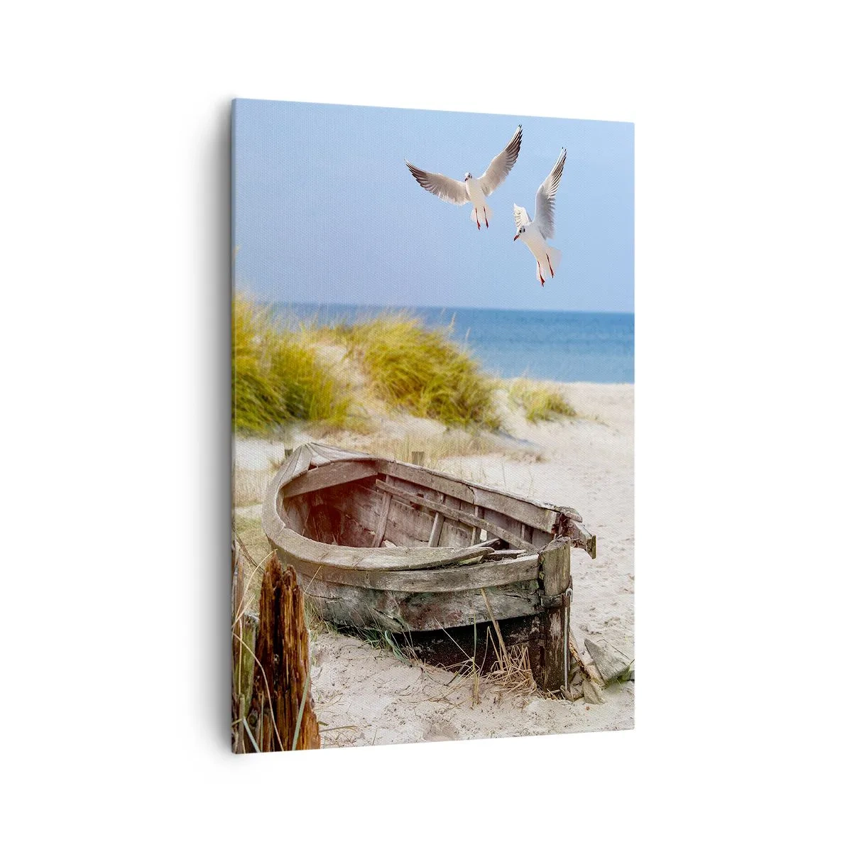 Cuadro sobre lienzo - Impresión de Imagen - Barco abandonado en una playa con gaviotas - 70x100cm - Bañada por el viento - Decoración de pared moderna para salón y dormitorio ARTTOR