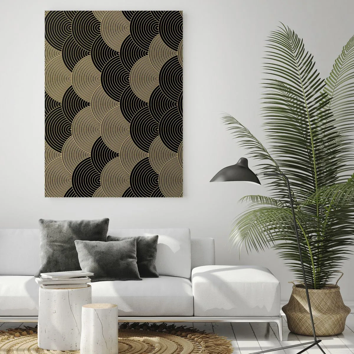 Cuadro sobre vidrio - Impresiones sobre Vidrio - Semicírculos dorados en un patrón japonés regular - 50x70cm - Multiplicación de la unidad - Decoración de pared moderna para salón y dormitorio ARTTOR