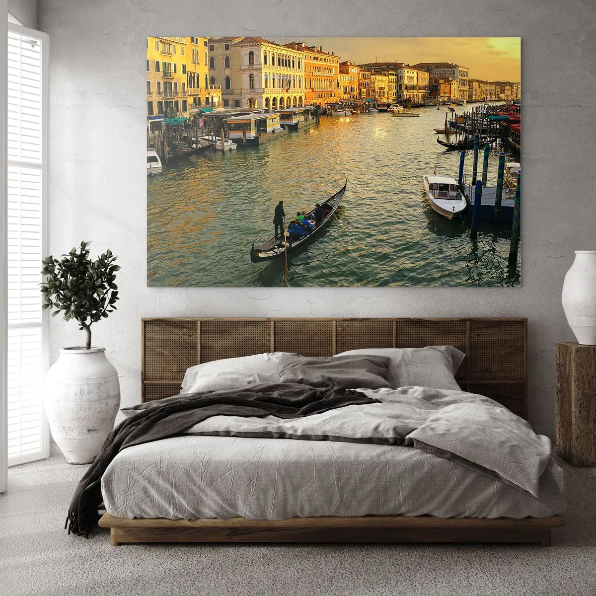 Cuadro sobre vidrio - Impresiones sobre Vidrio - Puesta de sol sobre un canal de Venecia con góndolas - 120x80cm - En el lado soleado de la calle - Decoración de pared moderna para salón y dormitorio ARTTOR