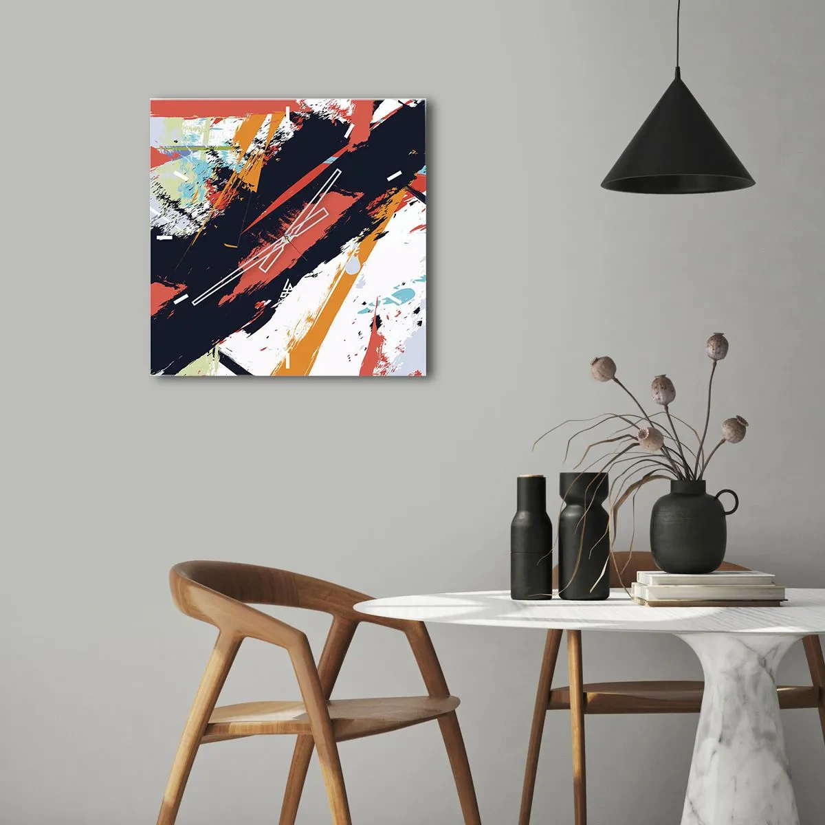 Reloj de pared - Reloj de vidrio - Pinceladas abstractas en colores vibrantes - 30x30cm - Composición dinámica - Decoración de pared moderna para salón y dormitorio ARTTOR