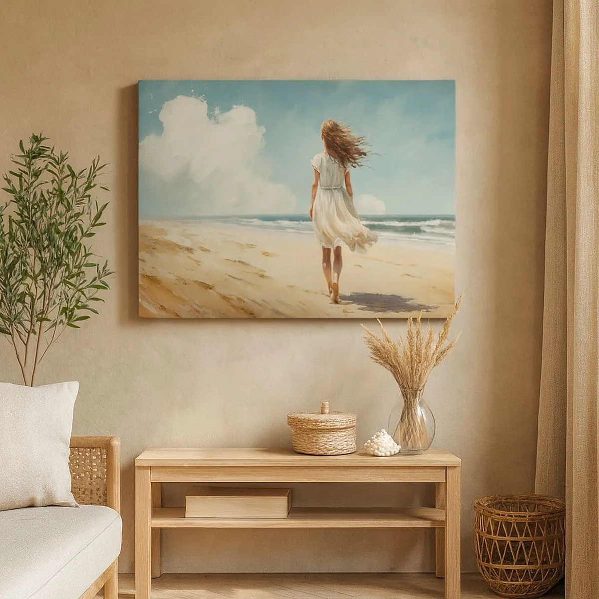 Cuadro sobre lienzo - Impresión de Imagen - Una mujer con un vestido blanco caminando por la playa en un día soleado. - 70x50cm - Al encuentro del sol y del viento - Decoración de pared moderna para salón y dormitorio ARTTOR