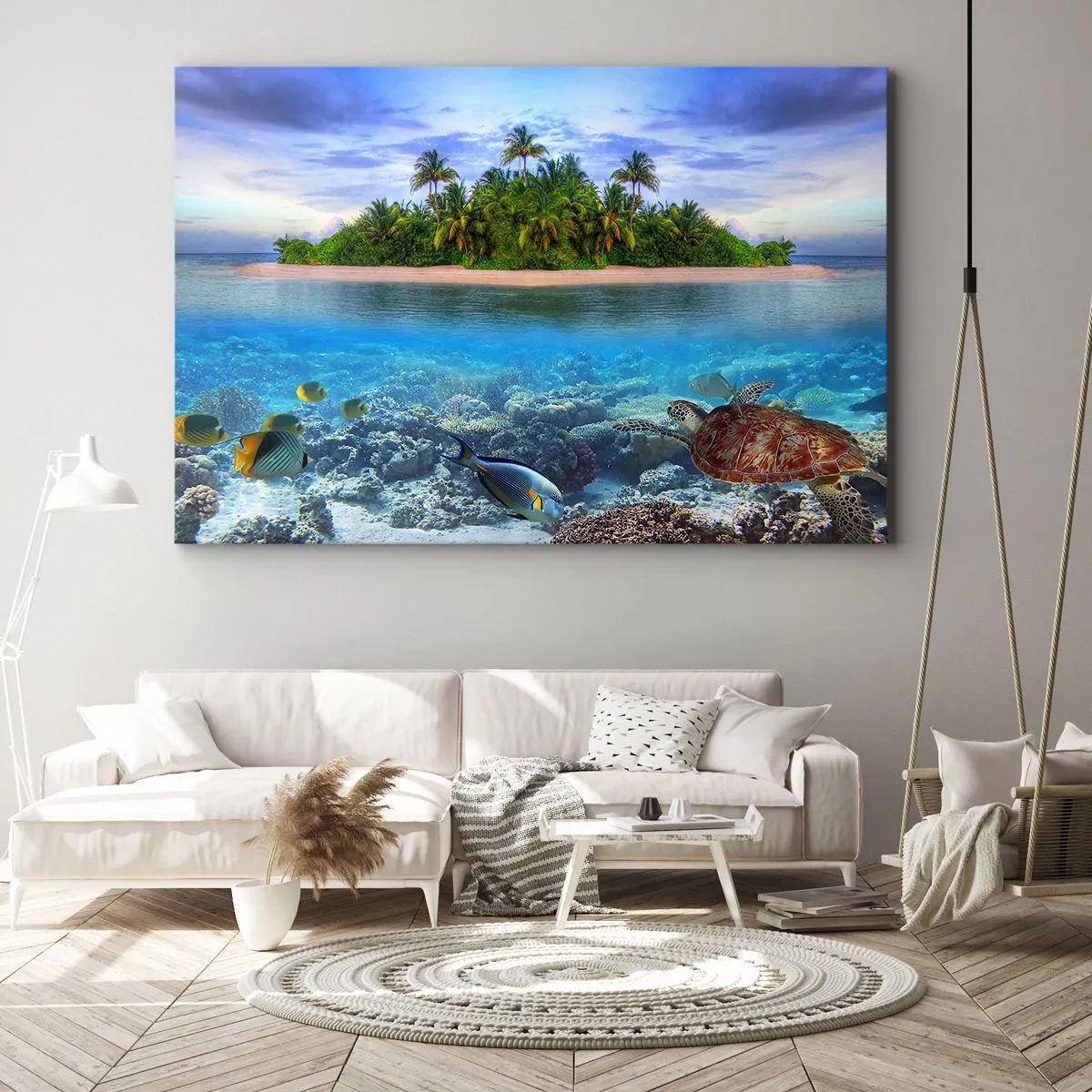 Cuadro sobre lienzo - Impresión de Imagen - Una isla tropical rodeada de un océano turquesa con un arrecife de coral y peces. - 120x80cm - Una isla paradisíaca te invita - Decoración de pared moderna para salón y dormitorio ARTTOR