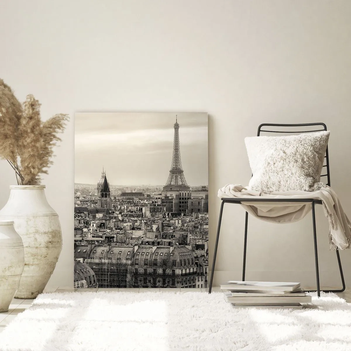 Cuadro sobre vidrio - Impresiones sobre Vidrio - Un panorama de París con vista a la Torre Eiffel en tonos sepia. - 50x70cm - Sobre los tejados de París - Decoración de pared moderna para salón y dormitorio ARTTOR