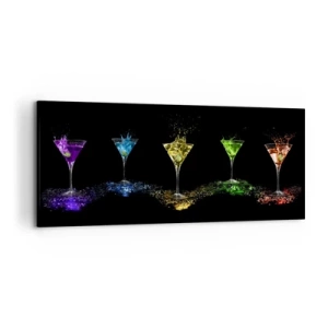 Cuadro sobre lienzo - Impresión de Imagen - Cócteles coloridos en vasos sobre un fondo negro - 120x50cm - Los colores de la alegría en una copa de cristal - Decoración de pared moderna para salón y dormitorio ARTTOR