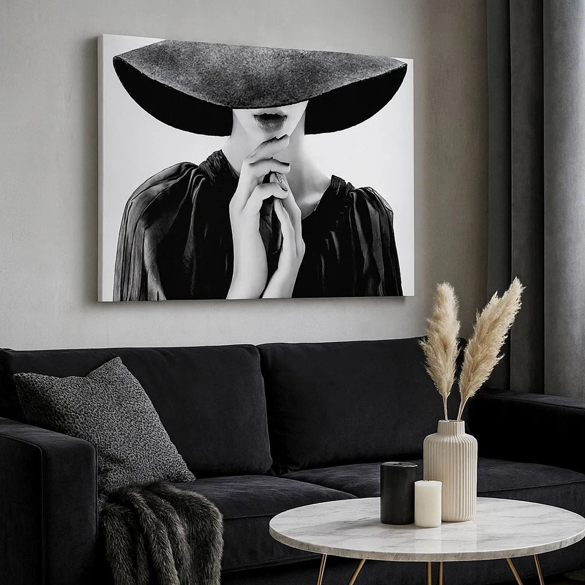 Cuadro sobre lienzo - Impresión de Imagen - Mujer elegante con un gran sombrero en tonos blanco y negro. - 70x50cm - Belleza oculta - Decoración de pared moderna para salón y dormitorio ARTTOR