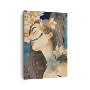 Cuadro sobre lienzo - Impresión de Imagen - Retrato de una mujer con flores en estilo artístico sobre un fondo oscuro. - 50x70cm - Cuento de princesa con lirios - Decoración de pared moderna para salón y dormitorio ARTTOR