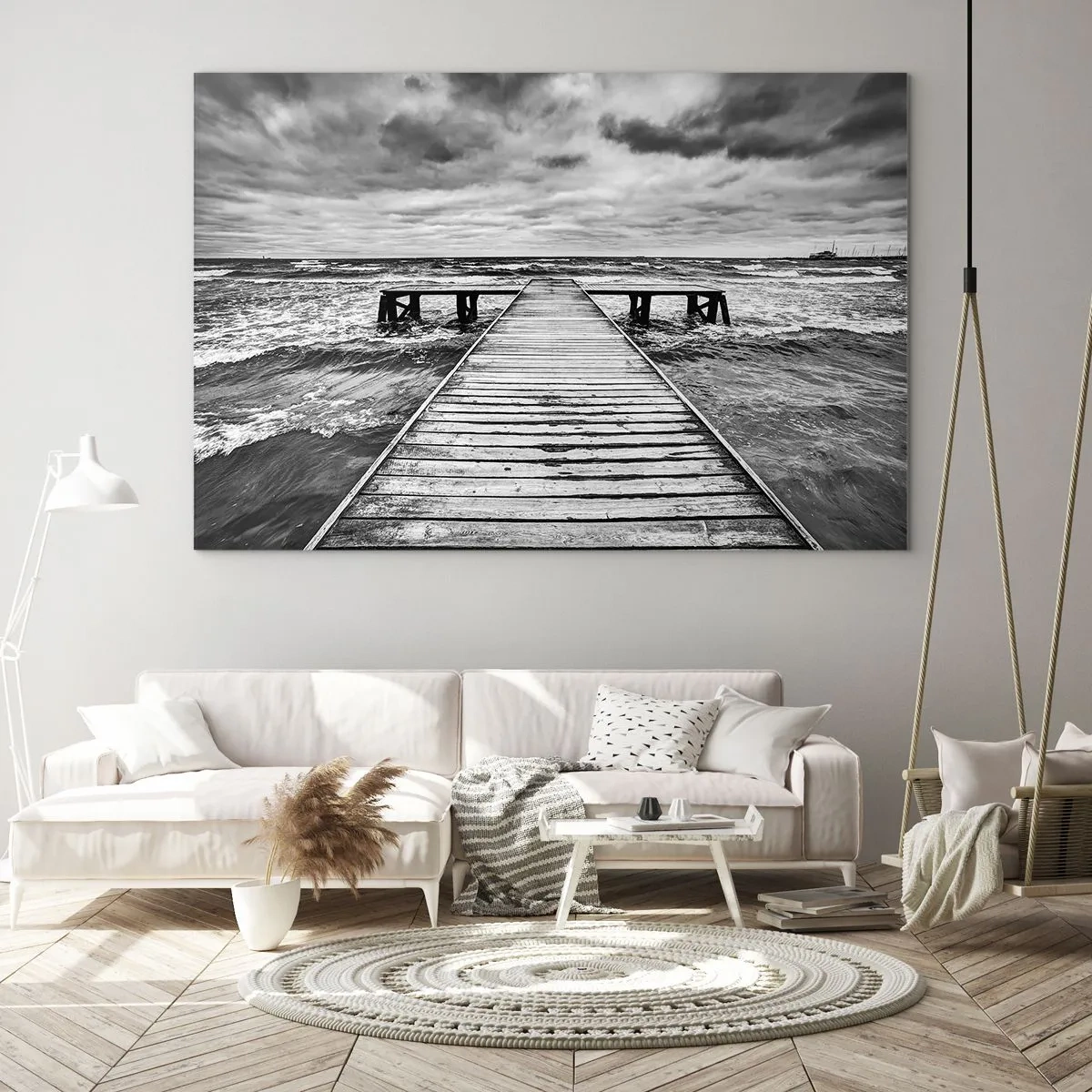 Cuadro sobre vidrio - Impresiones sobre Vidrio - Un embarcadero blanco y negro en medio de olas agitadas - 120x80cm - Estoy esperando que sople el viento... - Decoración de pared moderna para salón y dormitorio ARTTOR