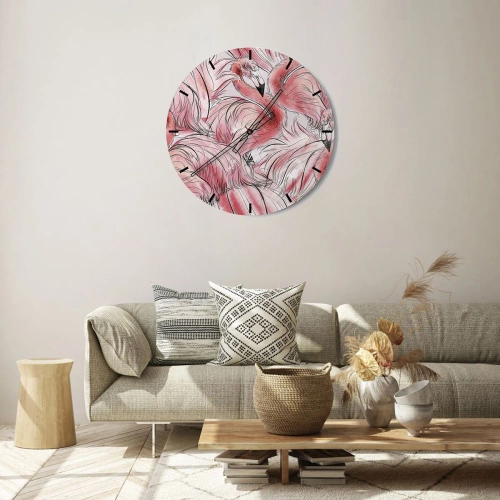 Reloj de pared - Reloj de vidrio - Flamencos rosados en una composición artística y dinámica. - 30x30cm - Ballet de aves - Decoración de pared moderna para salón, cocina y dormitorio ARTTOR