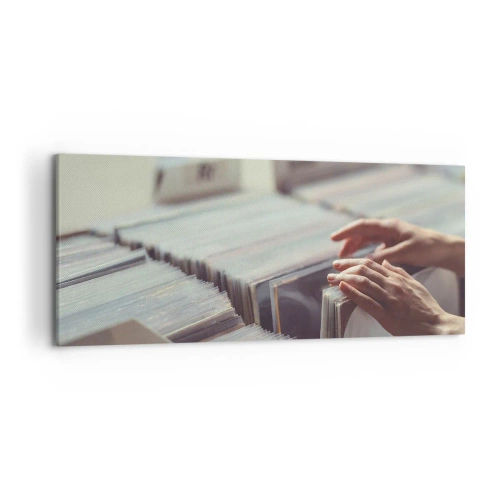 Cuadro sobre lienzo - Impresión de Imagen - Manos mirando a través de una colección de vinilos - 120x50cm - En busca de emociones - Decoración de pared moderna para salón y dormitorio ARTTOR