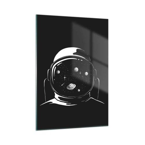 Cuadro sobre vidrio - Impresiones sobre Vidrio - Astronauta con estrellas y planetas en su casco sobre un fondo negro. - 50x70cm - Bonita vista - Decoración de pared moderna para salón y dormitorio ARTTOR