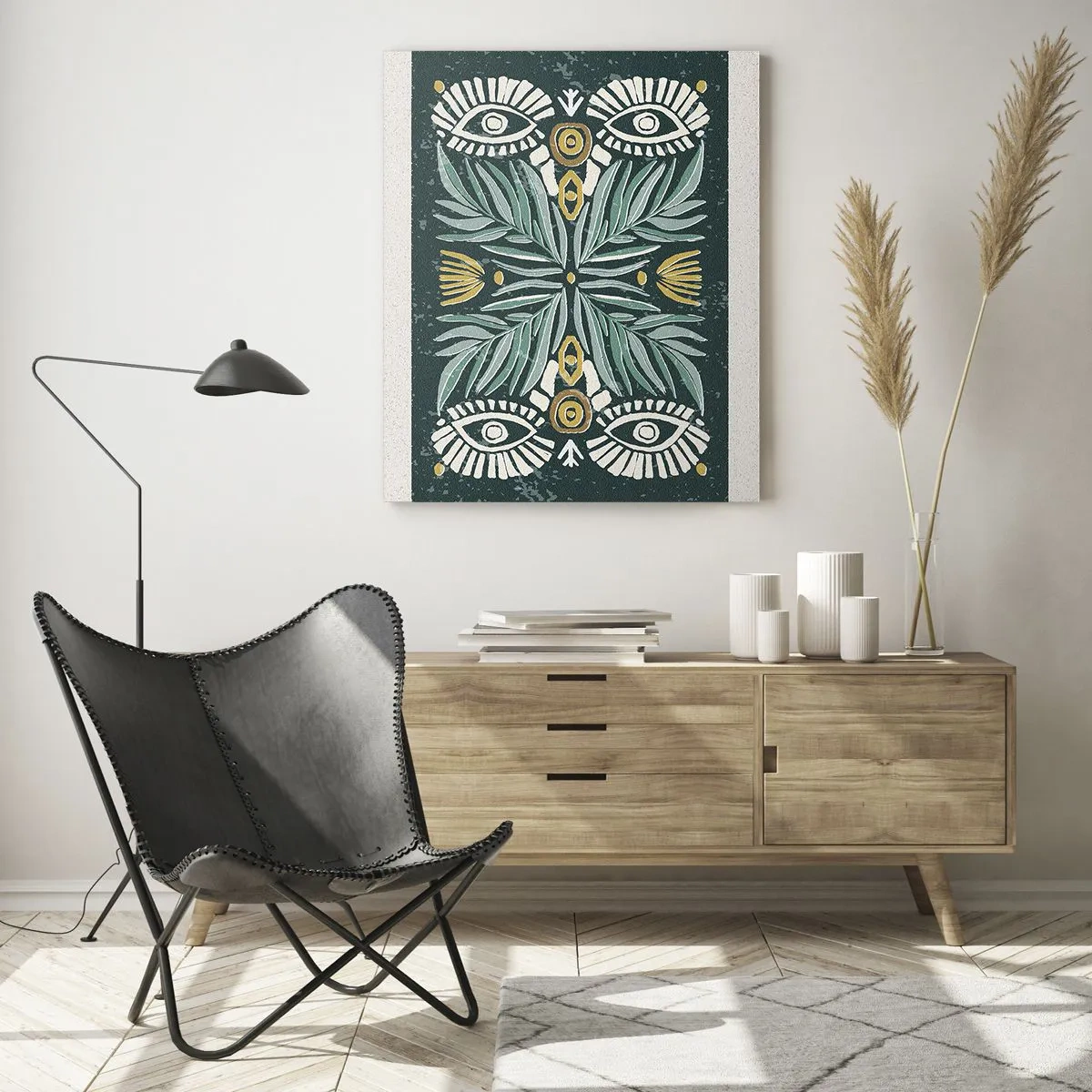 Cuadro sobre vidrio - Impresiones sobre Vidrio - Patrón de planta simétrica sobre un fondo verde. - 70x100cm - Como un recorte folclórico - Decoración de pared moderna para salón y dormitorio ARTTOR