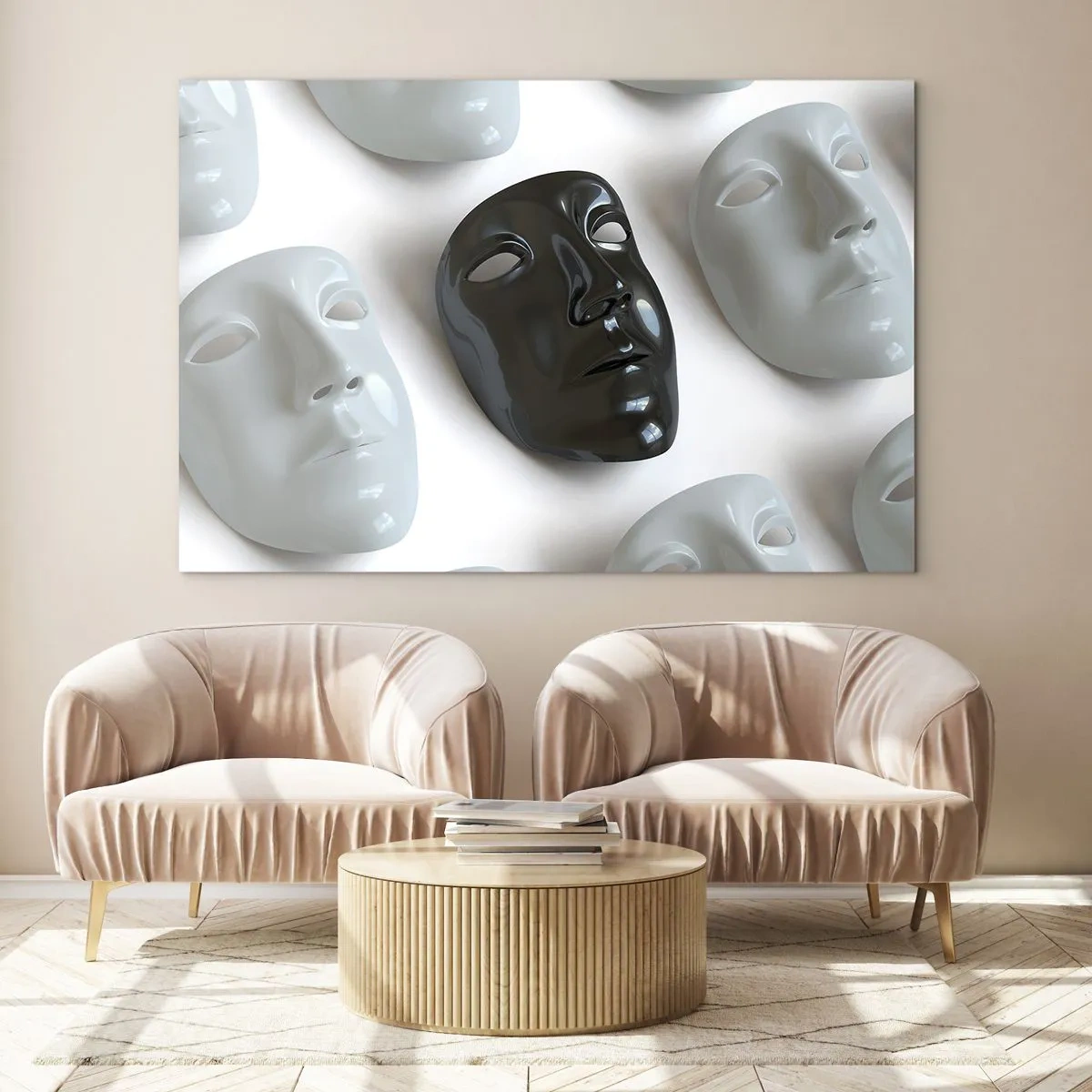 Cuadro sobre vidrio - Impresiones sobre Vidrio - Una máscara en blanco y negro sobre un fondo de máscaras blancas sobre un fondo claro. - 120x80cm - ¿Cómo destacar? - Decoración de pared moderna para salón y dormitorio ARTTOR