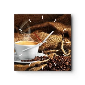 Reloj de pared - Reloj de vidrio - Una taza de café rodeada de una bolsa de granos de café. - 30x30cm - Olor a moca y densidad del líquido meloso - Decoración de pared moderna para salón y dormitorio ARTTOR
