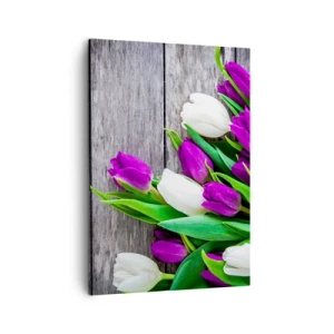 Cuadro sobre lienzo - Impresión de Imagen - Un ramo de tulipanes morados y blancos sobre un fondo de madera. - 50x70cm - El día de la fiesta de la primavera - Decoración de pared moderna para salón y dormitorio ARTTOR