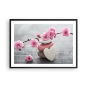 Póster en marco negro - Delicadas flores de cerezo con piedras en forma de corazón. - 70x50cm - Felicidad con la flor del cerezo - Decoración de pared moderna para salón y dormitorio ARTTOR