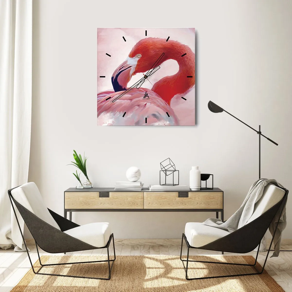 Reloj de pared - Reloj de vidrio - Un flamenco en tonos rosados sobre un fondo claro. - 30x30cm - La belleza de las aves - Decoración de pared moderna para salón y dormitorio ARTTOR