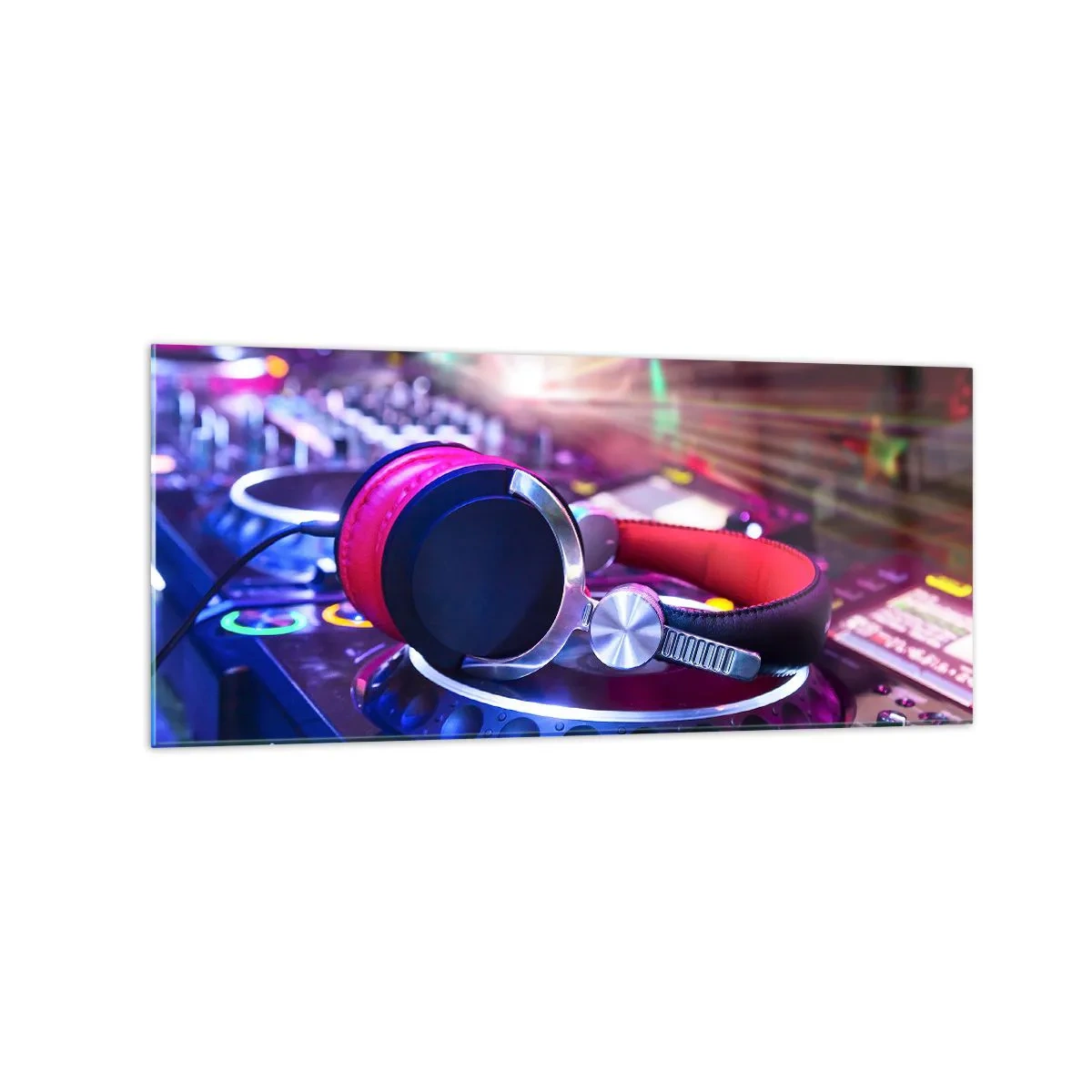 Cuadro sobre vidrio - Impresiones sobre Vidrio - Auriculares de DJ en una consola iluminada por focos en una fiesta - 120x50cm - Empieza la fiesta - Decoración de pared moderna para salón y dormitorio ARTTOR