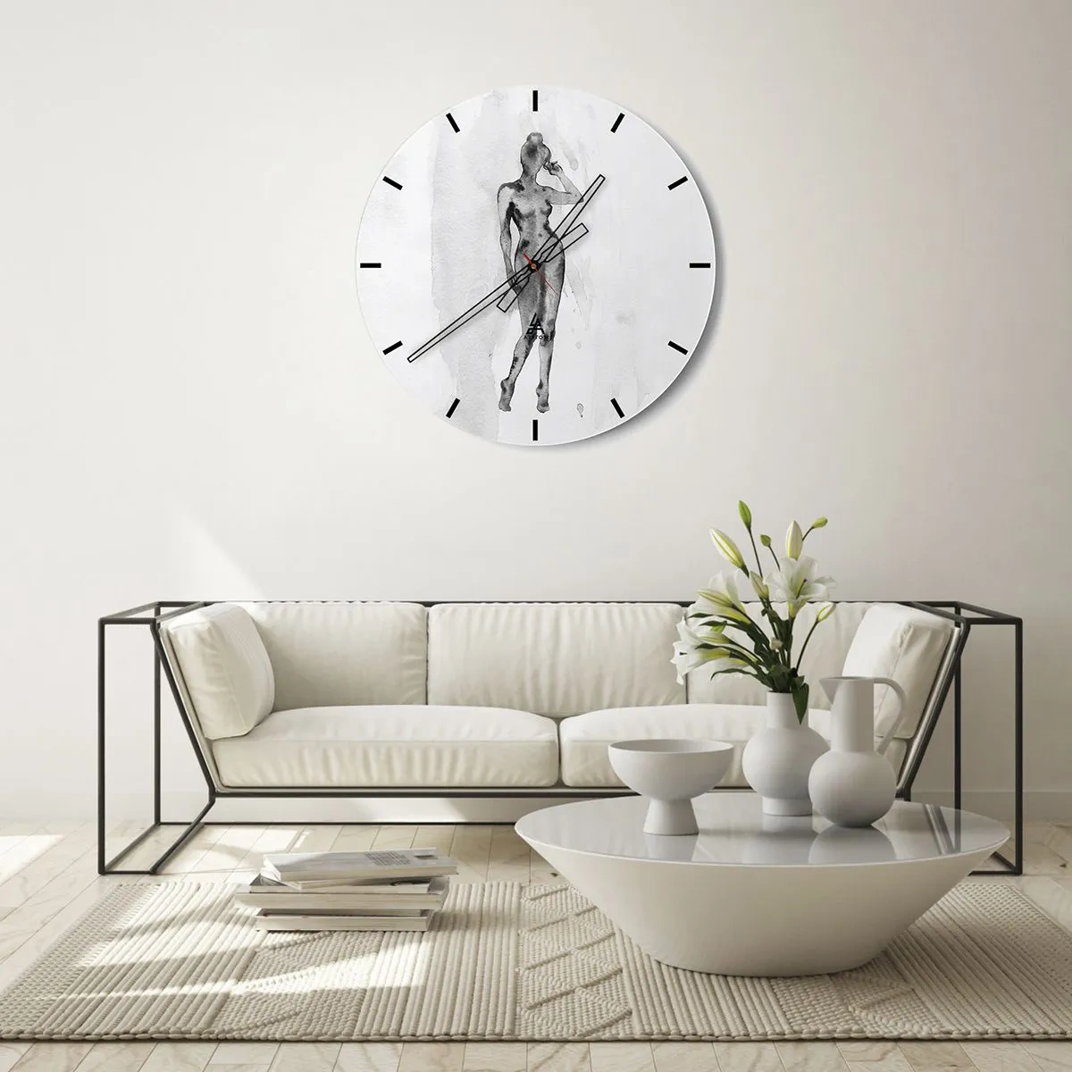 Reloj de pared - Reloj de vidrio - Silueta de una mujer en estilo acuarela sobre un fondo blanco - 30x30cm - Un estudio sobre el ideal de feminidad - Decoración de pared moderna para salón, cocina y dormitorio ARTTOR