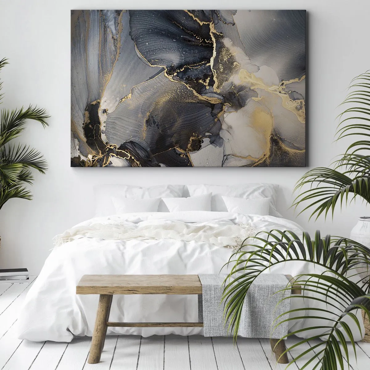 Cuadro sobre lienzo - Impresión de Imagen - Oro abstracto y gris sobre lienzo - 70x50cm - La vida de una piedra - Decoración de pared moderna para salón y dormitorio ARTTOR