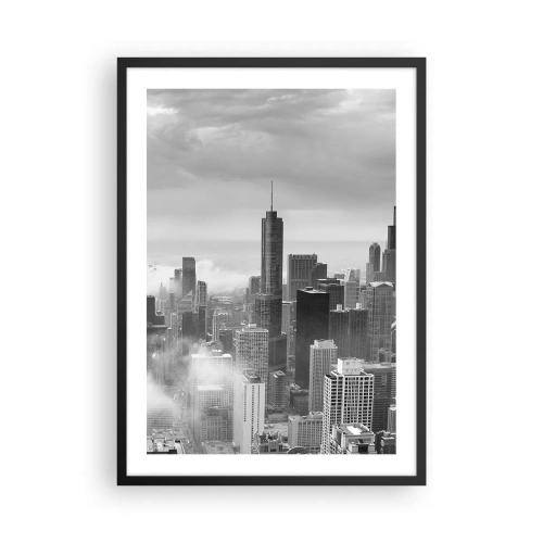 Póster en marco negro - Vista en blanco y negro del horizonte de la ciudad con rascacielos en las nubes. - 50x70cm - Paisaje americano - Decoración de pared moderna para salón y dormitorio ARTTOR
