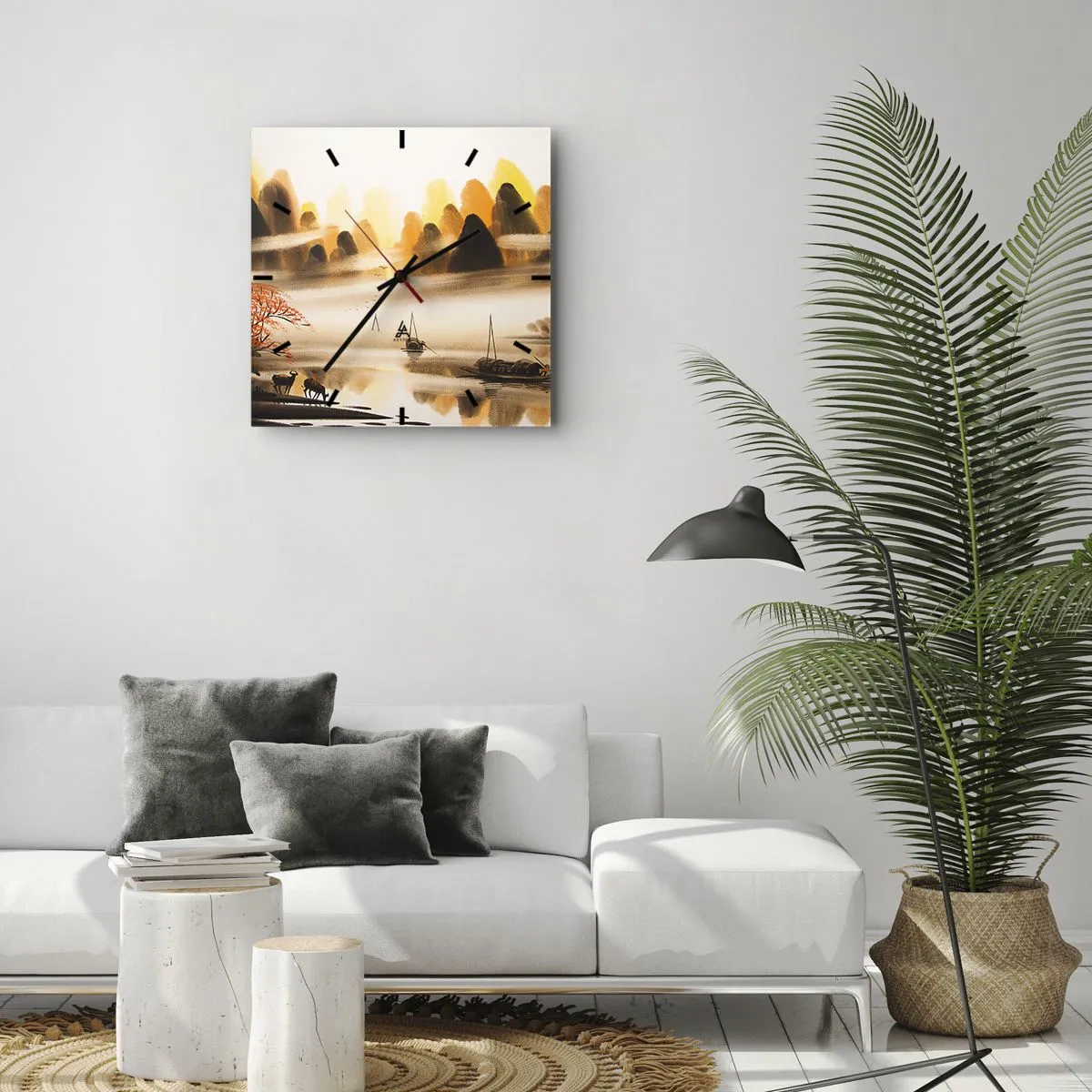 Reloj de pared - Reloj de vidrio - Un paisaje oriental con un río, montañas y una suave niebla. - 30x30cm - Más allá del Lejano Oriente - Decoración de pared moderna para salón y dormitorio ARTTOR