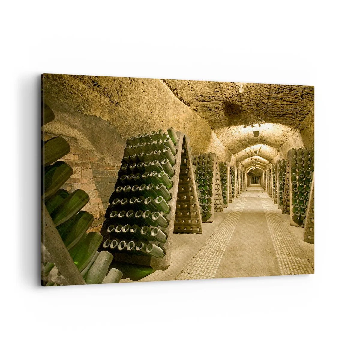 Cuadro sobre lienzo - Impresión de Imagen - Un viñedo con una bodega llena de botellas de vino expuestas en estantes de madera. - 100x70cm - El nacimiento del gusto - Decoración de pared moderna para salón y dormitorio ARTTOR