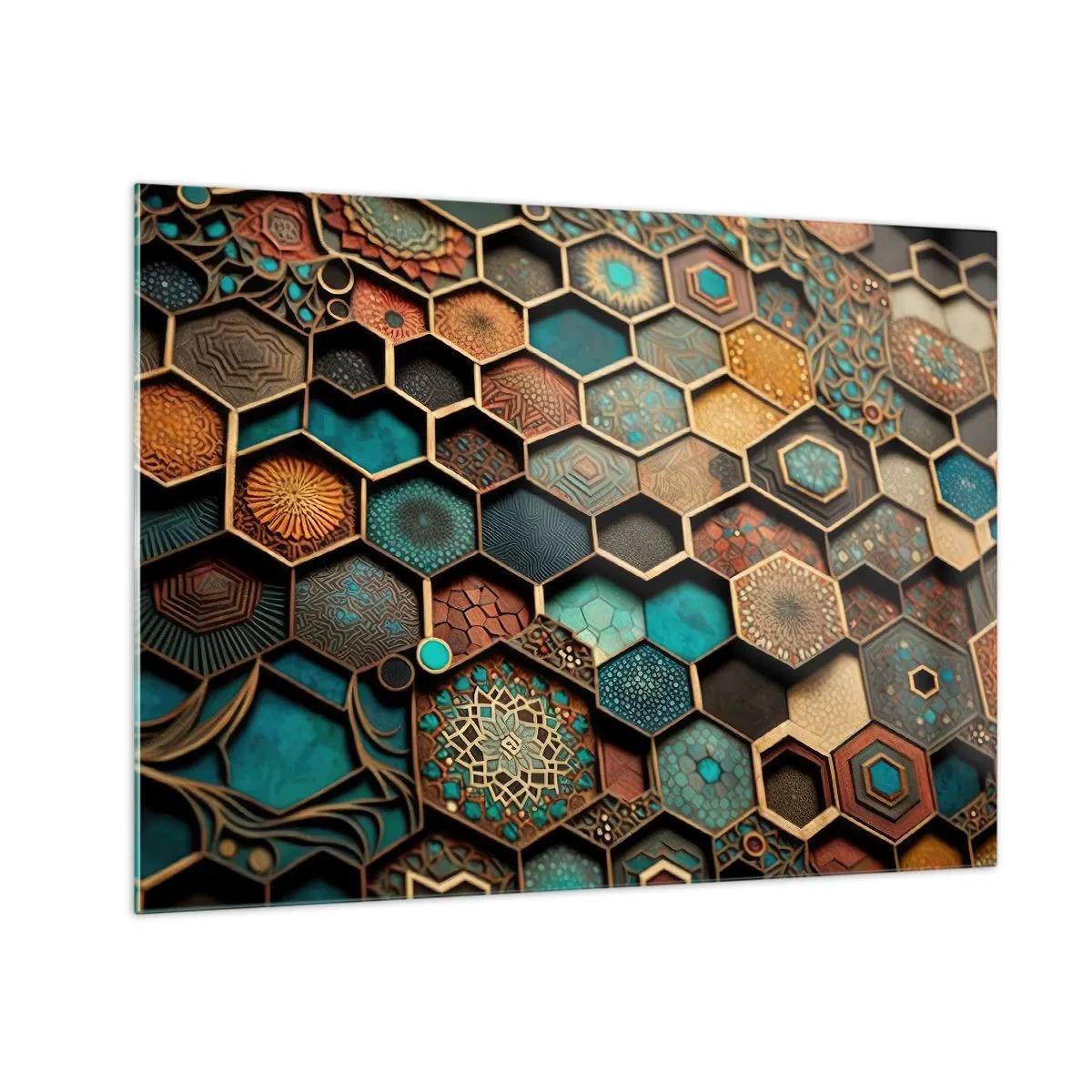 Cuadro sobre vidrio - Impresiones sobre Vidrio - Mosaico con patrones geométricos de estilo oriental. - 70x50cm - Ornamentos árabes - Decoración de pared moderna para salón y dormitorio ARTTOR