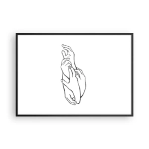 Póster en marco negro - Un boceto minimalista de manos unidas en un gesto de delicadeza. - 100x70cm - El tacto - Decoración de pared moderna para salón y dormitorio ARTTOR