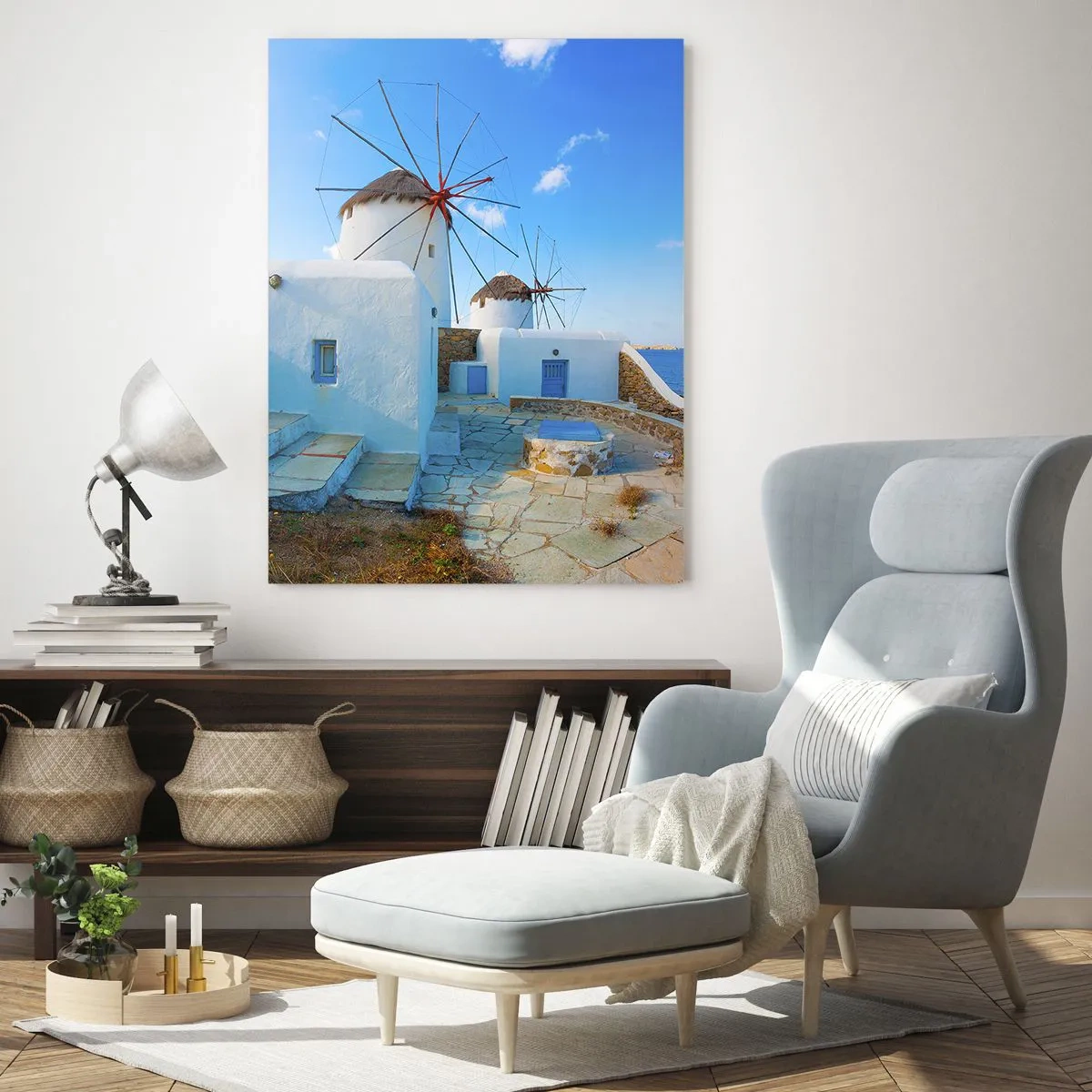 Cuadro sobre vidrio - Impresiones sobre Vidrio - Molinos de viento en la costa del Egeo - 50x70cm - Viento azul marino - Decoración de pared moderna para salón y dormitorio ARTTOR