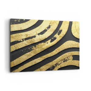 Cuadro sobre lienzo - Impresión de Imagen - Ondas abstractas doradas sobre un fondo negro - 100x70cm - Todo fluye - Decoración de pared moderna para salón y dormitorio ARTTOR