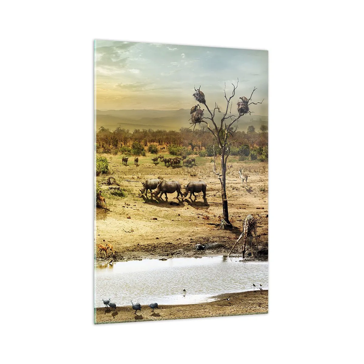 Cuadro sobre vidrio - Impresiones sobre Vidrio - Elefantes y animales salvajes en un abrevadero al atardecer - 70x100cm - Y del Edén fluyó un río... - Decoración de pared moderna para salón y dormitorio ARTTOR
