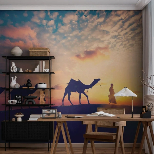 Fotomural Premium Canvas - Una caravana de camellos vagando por el desierto al atardecer - 100x70cm - El misterioso espíritu de Oriente - Decoración de pared moderna para salón y dormitorio ARTTOR