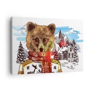 Cuadro sobre lienzo - Impresión de Imagen - Un oso con un suéter y una bufanda con una casa de montaña al fondo. - 70x50cm - Así paso yo el invierno - Decoración de pared moderna para salón y dormitorio ARTTOR