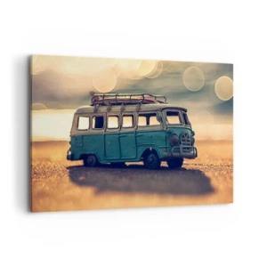 Cuadro sobre lienzo - Impresión de Imagen - Autobús retro contra una luz borrosa - 120x80cm - El fin de los ídolos del dinero y del trabajo - Decoración de pared moderna para salón y dormitorio ARTTOR