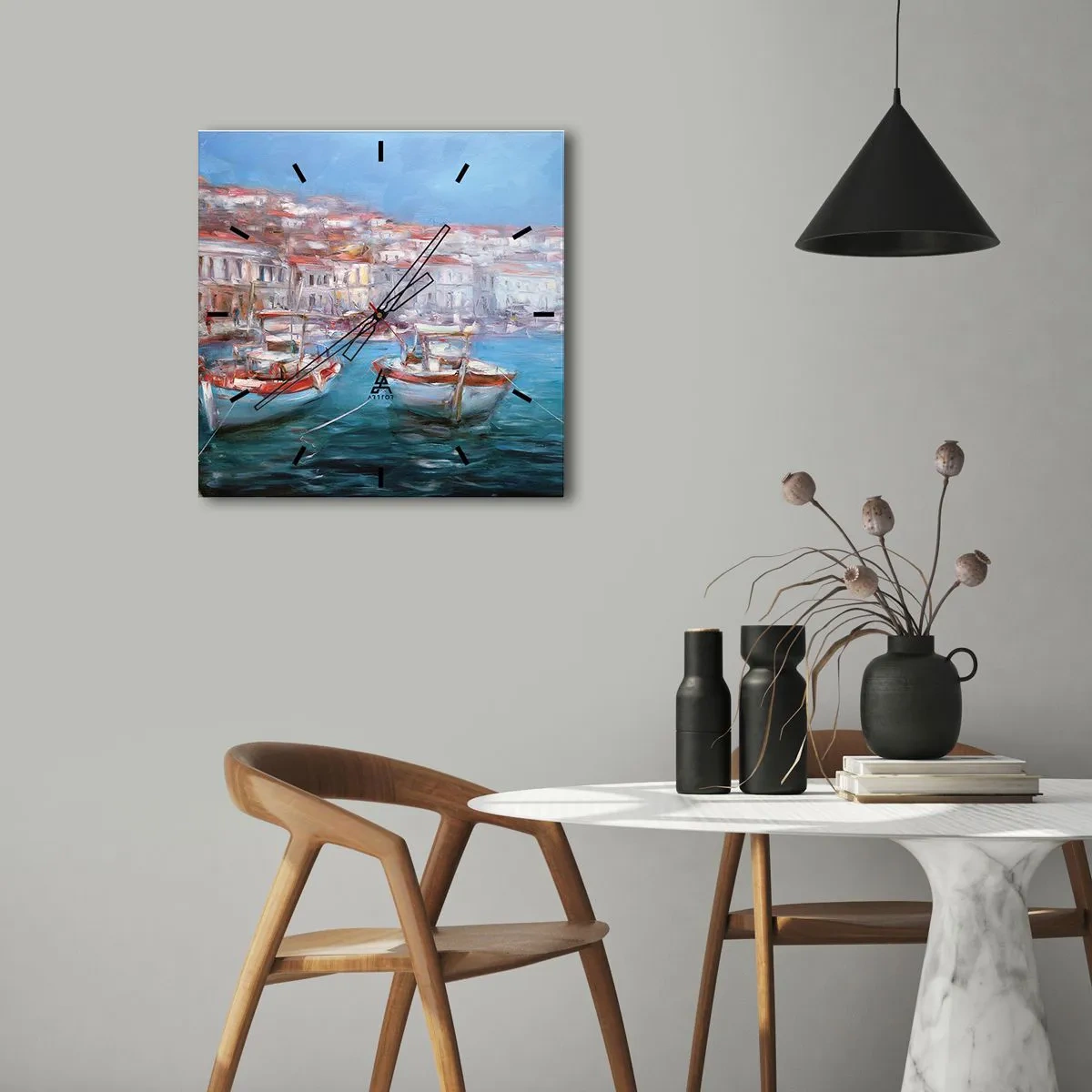 Reloj de pared - Reloj de vidrio - Barcos en una pintoresca bahía italiana - 30x30cm - Bahía italiana - Decoración de pared moderna para salón y dormitorio ARTTOR
