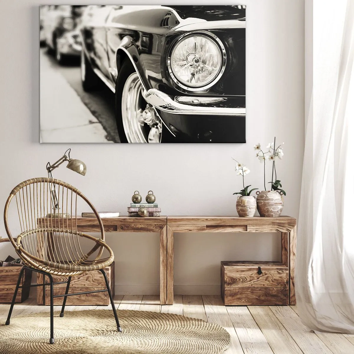 Cuadro sobre lienzo - Impresión de Imagen - Un coche clásico icónico en elegante blanco y negro. - 120x80cm - Brillo perdurable - Decoración de pared moderna para salón y dormitorio ARTTOR