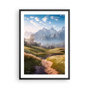 Póster en marco negro - Un sendero de montaña que conduce a través de un valle verde al amanecer. - 50x70cm - Valle idílico - Decoración de pared moderna para salón y dormitorio ARTTOR